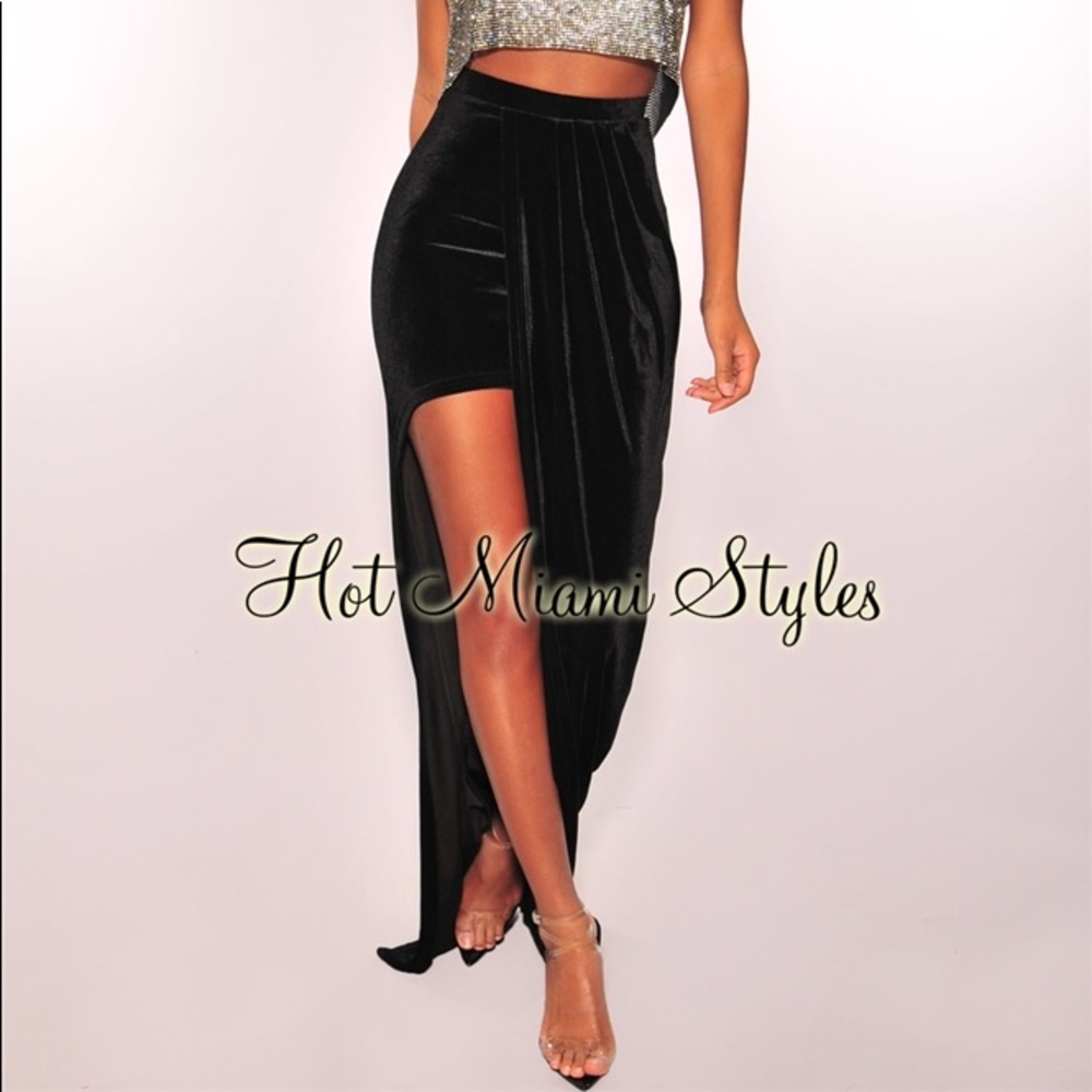 Black Velvet Slit Maxi Skirt